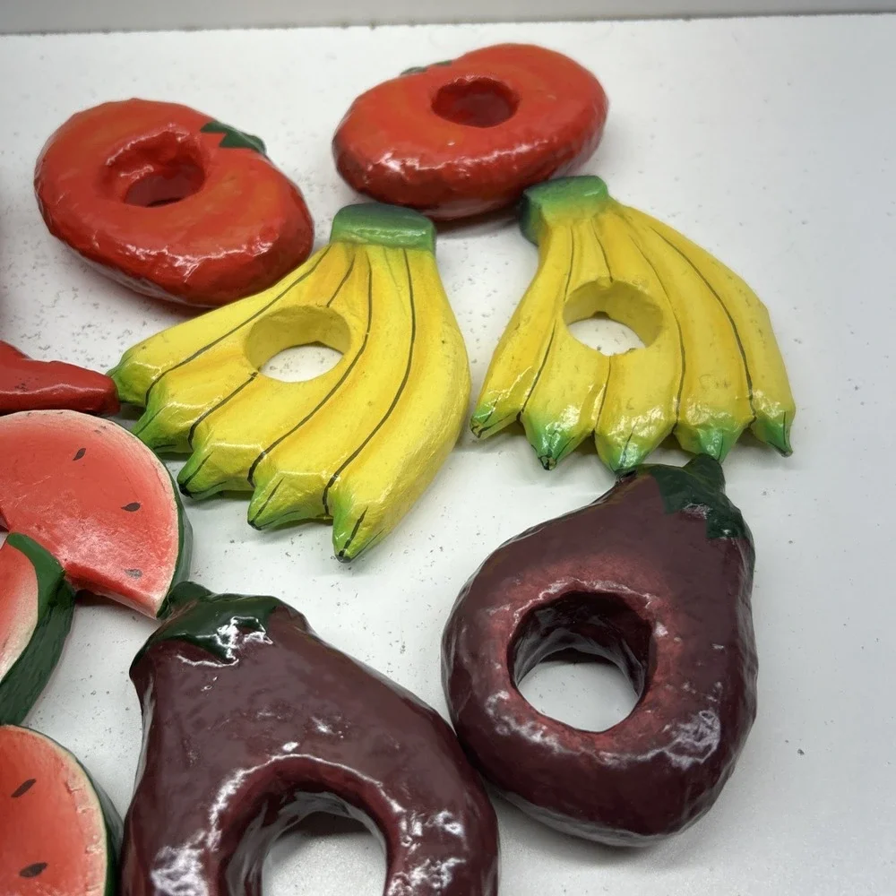 Vintage Wooden Fruit Napkin Rings Set 10 Watermelon‎ Hand Painted 1970's